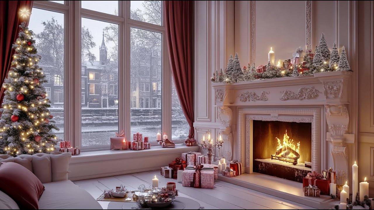 🎄 Cozy Christmas Fireplace Room ✨ Snowy Window View & Crackling Fire • Relaxing Ambient Sounds 🔥