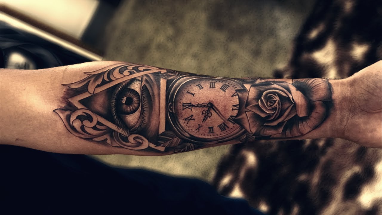 TATTOO OLHO QUE TUDO VÊ COM RELÓGIO E ROSAS - TIME-LAPS [TATUAGEM]