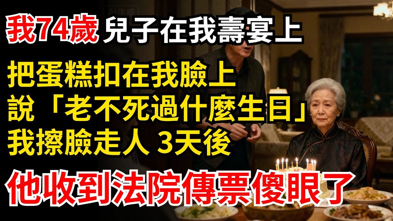 我74歲，兒子在我的壽宴上，把蛋糕扣在我臉上，說「老不死的過什麽生日」，我擦臉走人，三天後他收到法院傳票傻眼了！#晚年生活#人生智慧#家庭關係#親子教育#情感故事