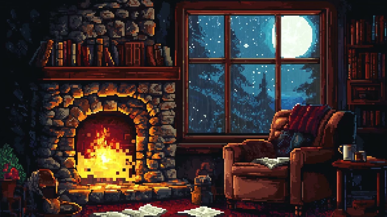 Try relaxing with cozy Pixel Rain in a stone walled room with a crackling fire