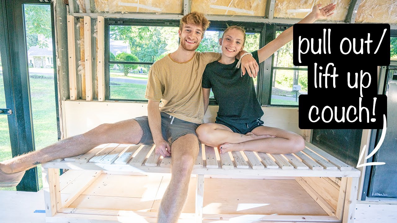 Built a DIY Pull Out Couch in School Bus Tiny Home - Skoolie Build Ep. 11