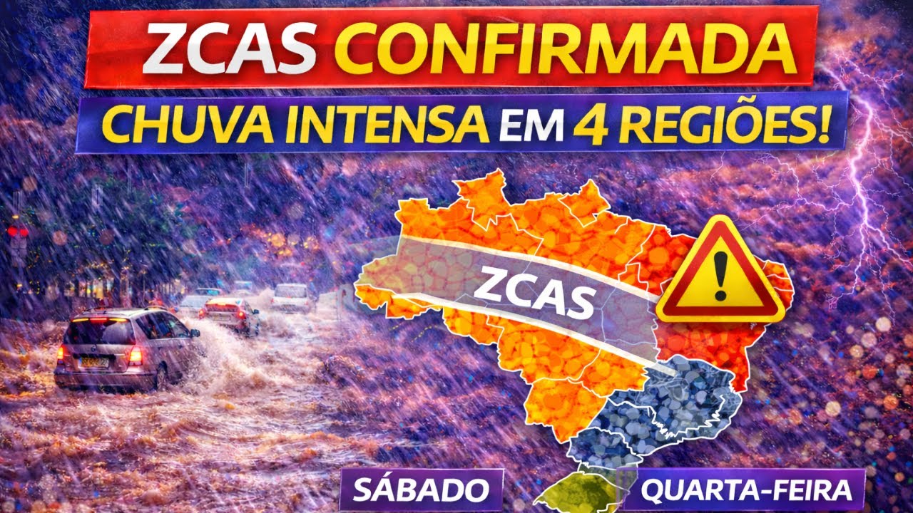 ZCAS CONFIRMADA: CHUVAS INTENSAS ATINGEM 4 REGIÕES DO BRASIL ATÉ QUARTA