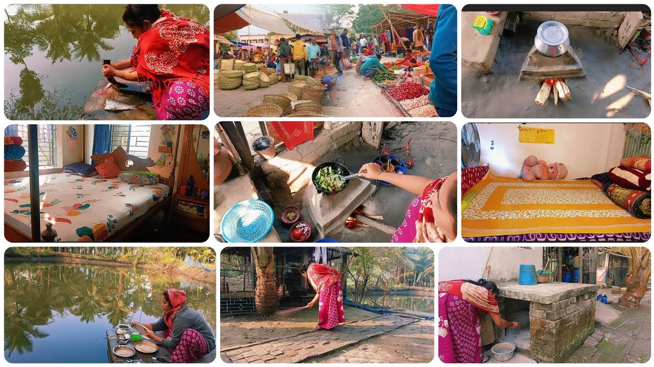 7⏰টা থেকে 9টার মধ্যে বাসীকাজ+বাসন মাজা+উনুনে রান্না সেরে গ্রামের সব থেকে বড় হাটে🛍️বাজার করতে গেলাম।