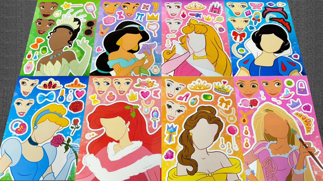 [✨paper diy✨] Disney Princess Collection | Rapunzel, Ariel, Belle, Cinderella Make a Face Stickers