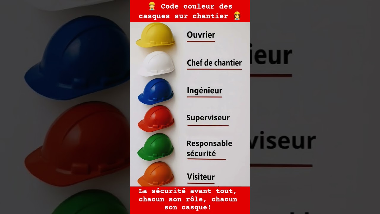 Code couleur des casques sur chantier de Ouvrier, Chef de chantier, Ing&eacute;nieur, Superviseur, Visiteur