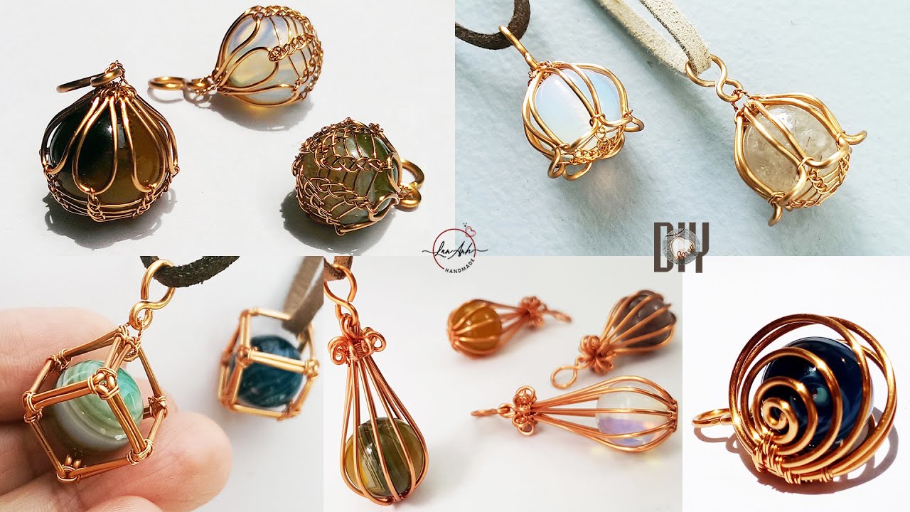 Wire wrapped stone pendant |  5 wrapping big spherical stone without holes