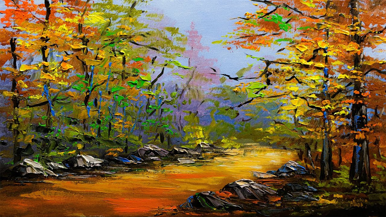 Autumn Forest Path and Trees STEP by STEP Acrylic Painting