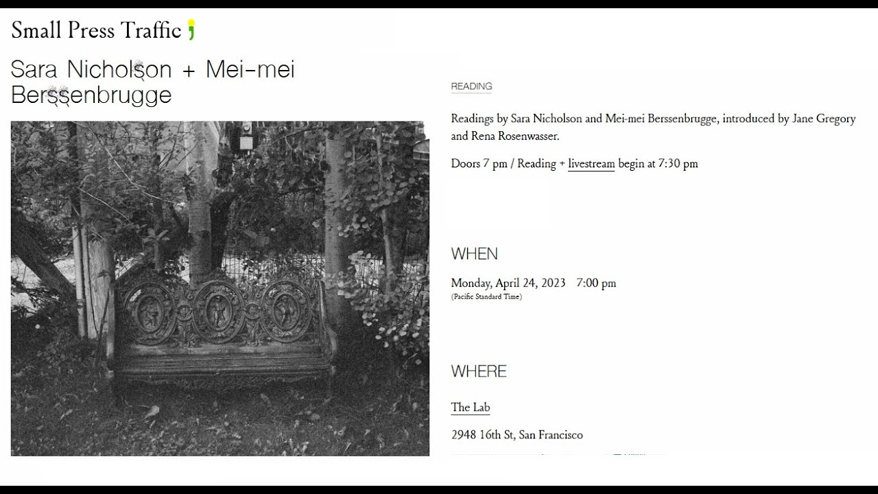 Sara Nicholson + Mei-mei Berssenbrugge @ The Lab, SF (4.24.23)