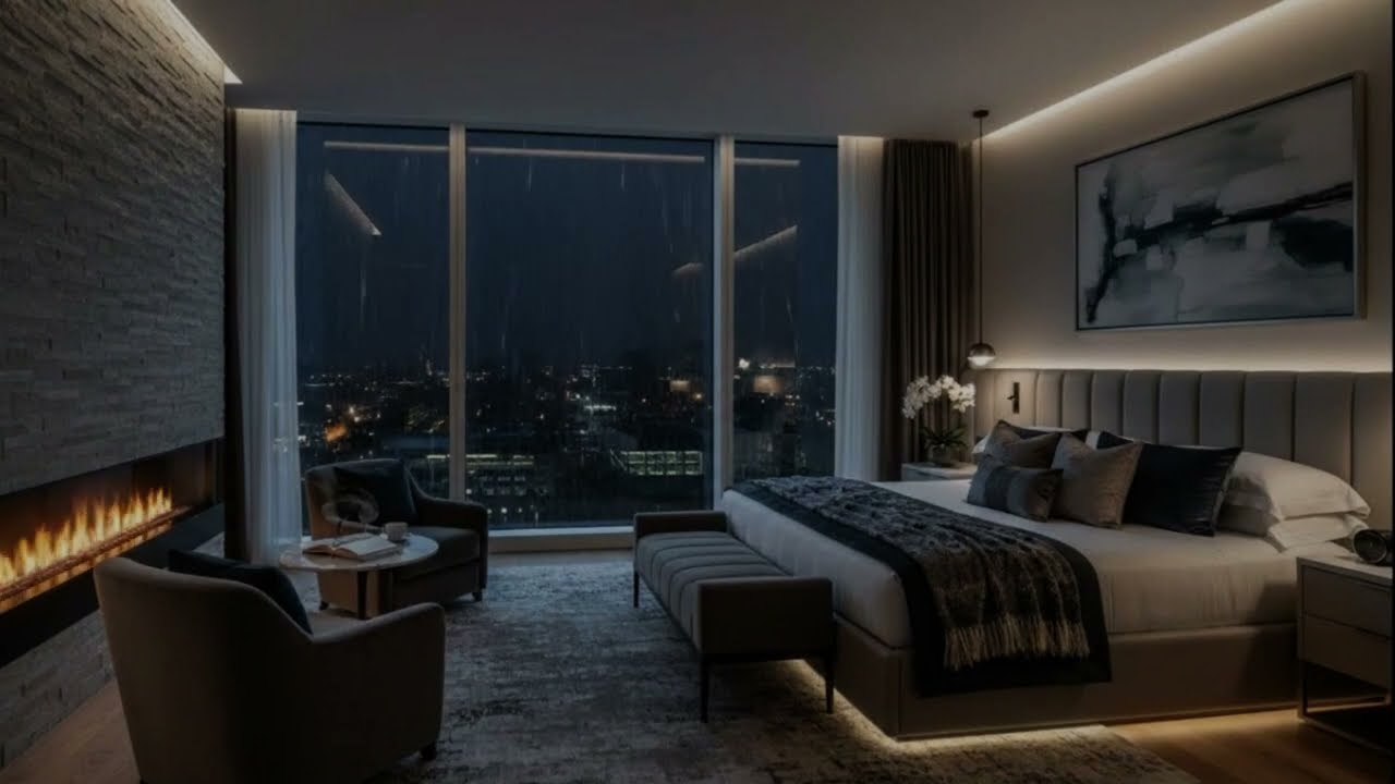 Peaceful Luxury Bedroom for Sleeping 😴 | Rain and Fireplace Sounds (Black Screen)