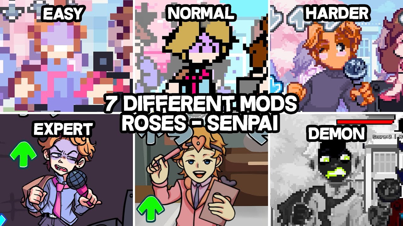 Roses - 7 Different Mods in Skin,Song and Chart | Friday Night Funkin Mod Senpai (Week 6)