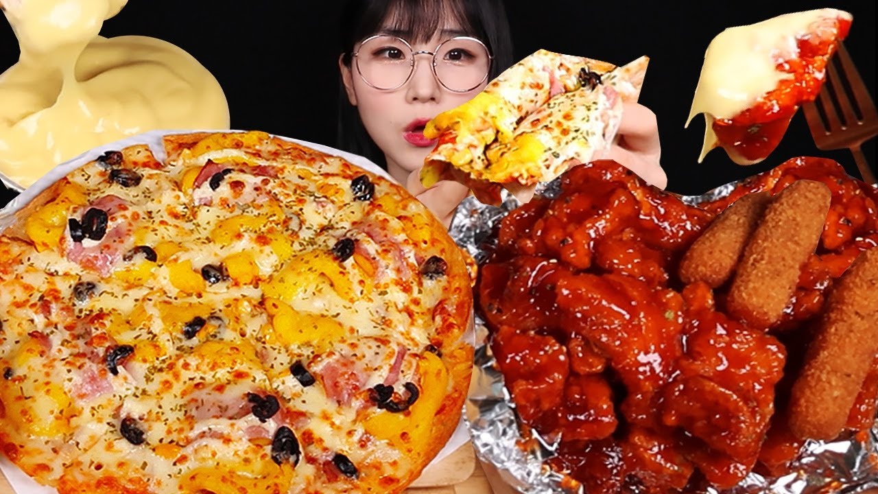 🍕고구마피자 갈릭디핑소스 순살양념치킨 치즈스틱 먹방 Sweet potato pizza Seasoned Chicken galing dipping ASMR MUKBANG