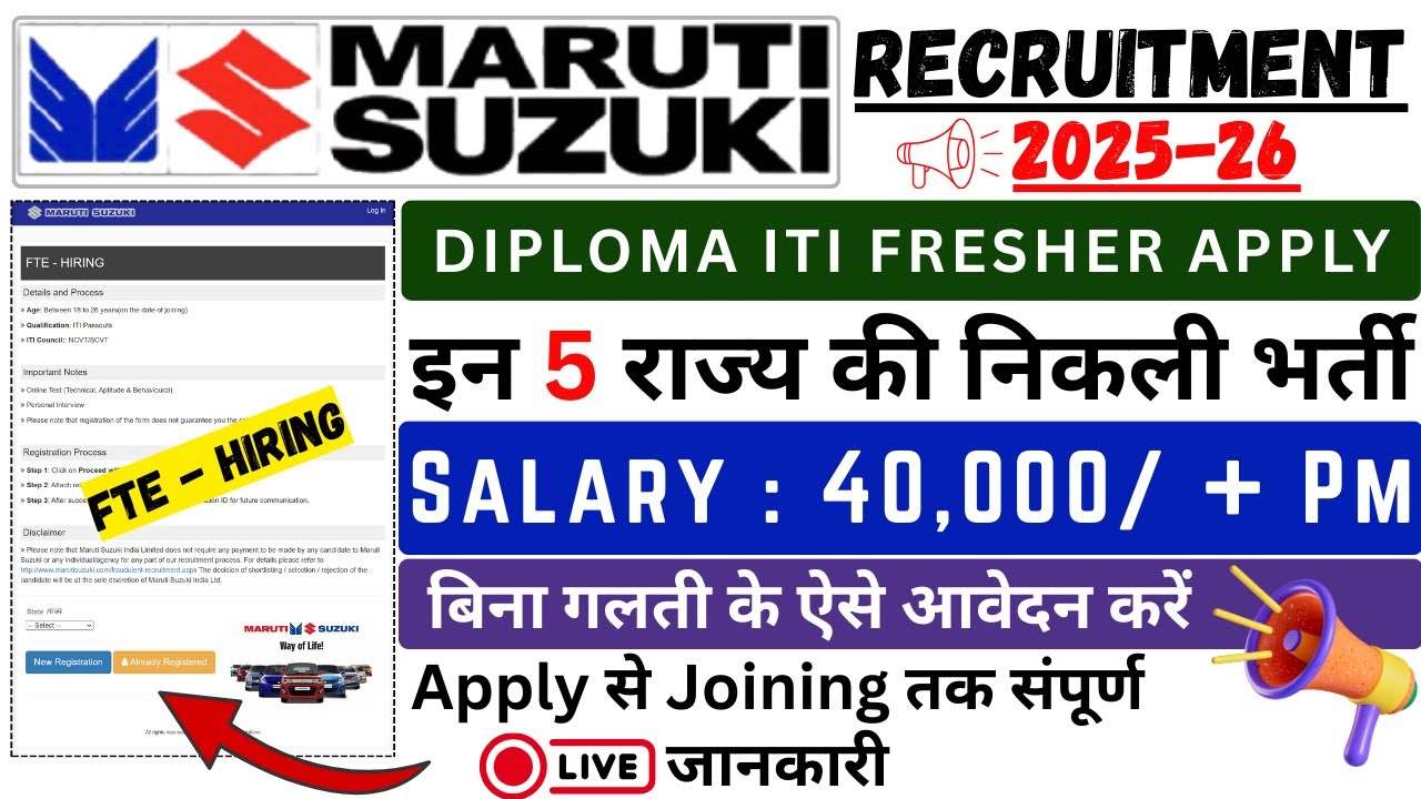 Maruti Suzuki FTE Recruitment 2025 | Maruti Suzuki ITI Job Apply Online 2025 | ITI Fresher Job Alert