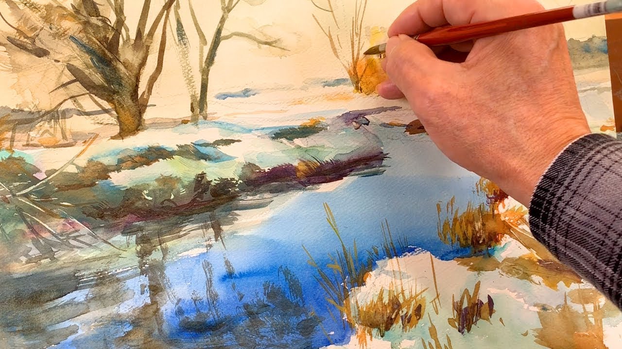 [Eng sub] How to paint Snow river Landscape | Watercolor Painting Easy Tutorial