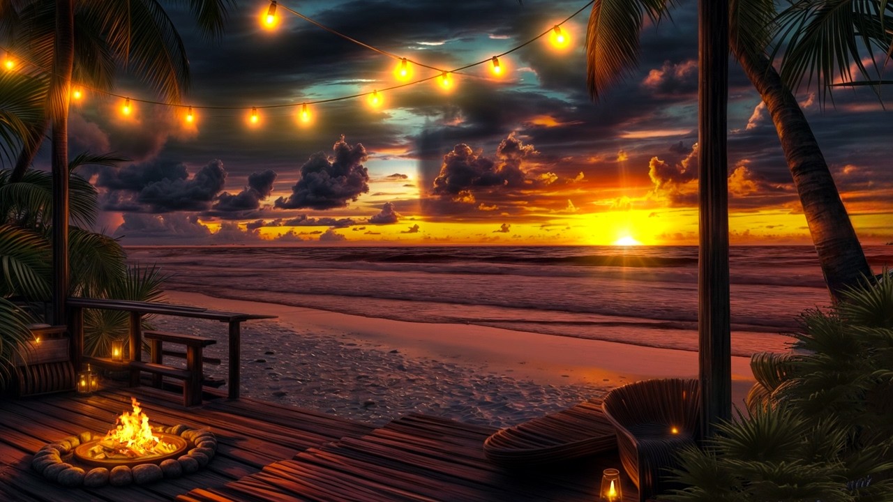 Golden Dusk by the Sea 🌊✨ | Tropical Deck Ambience for Relaxation & Stress Relief