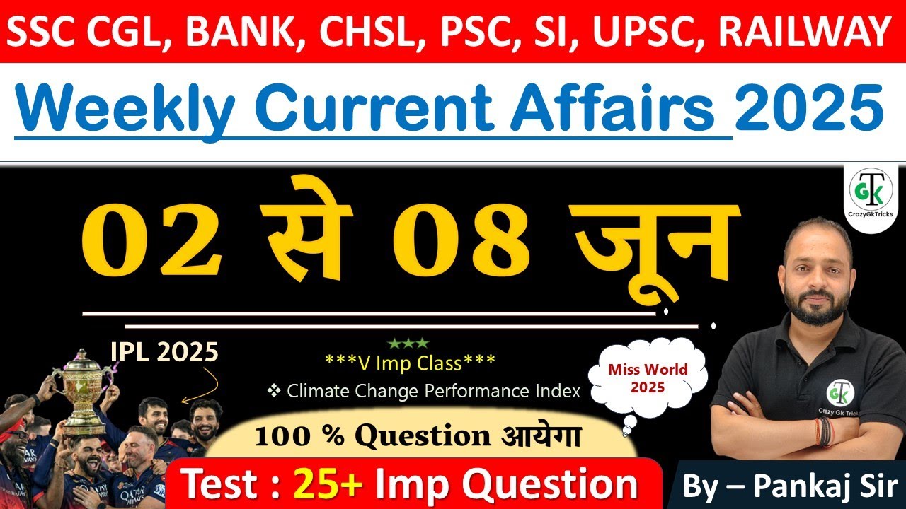 02 - 08 June 2025 Weekly Current Affairs | Most Important Current Affairs 2025 | CrazyGkTrick