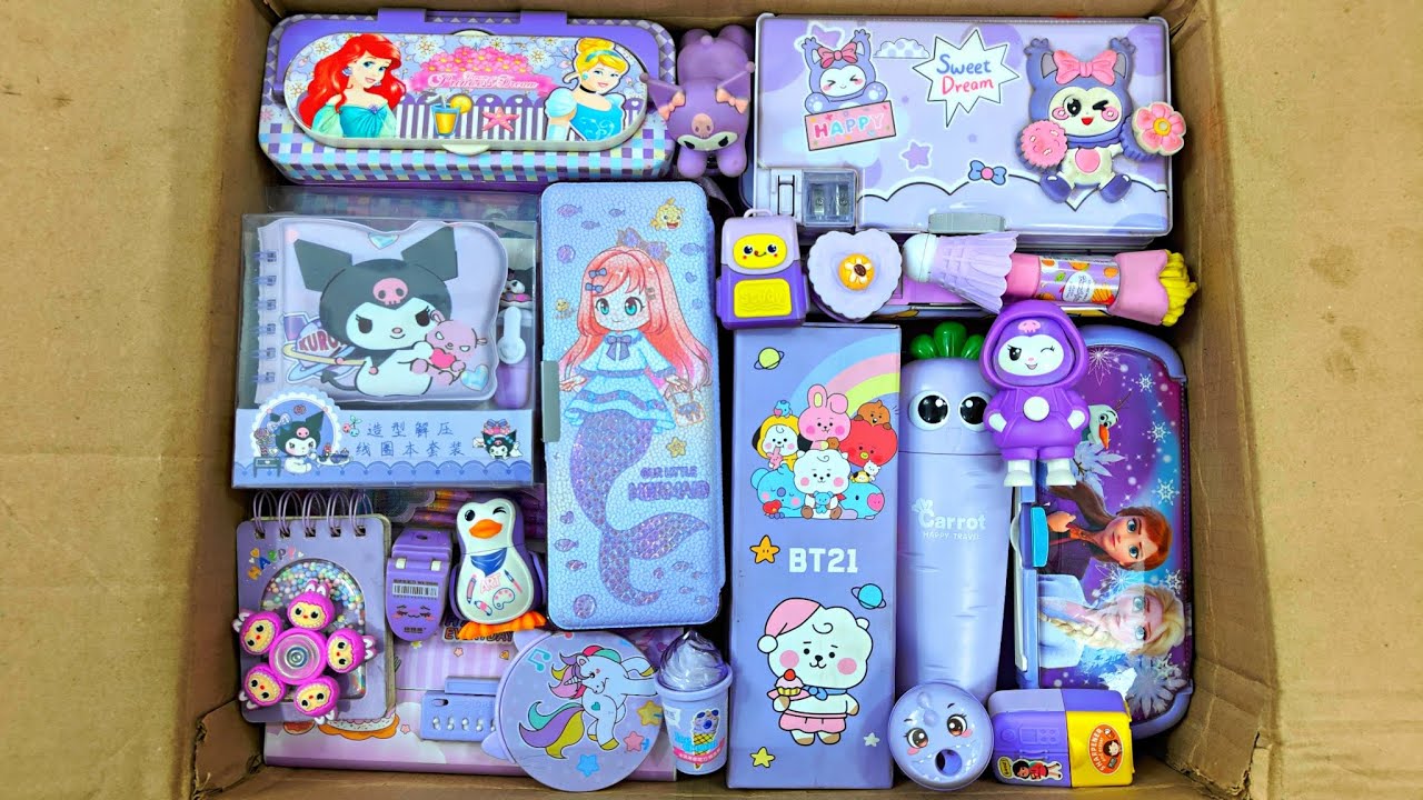 Unboxing Purple Stationery 📚, BT21 Box, Erasner, Sharpener, Notebook, Art Kit, Pencil Case, Key Ring