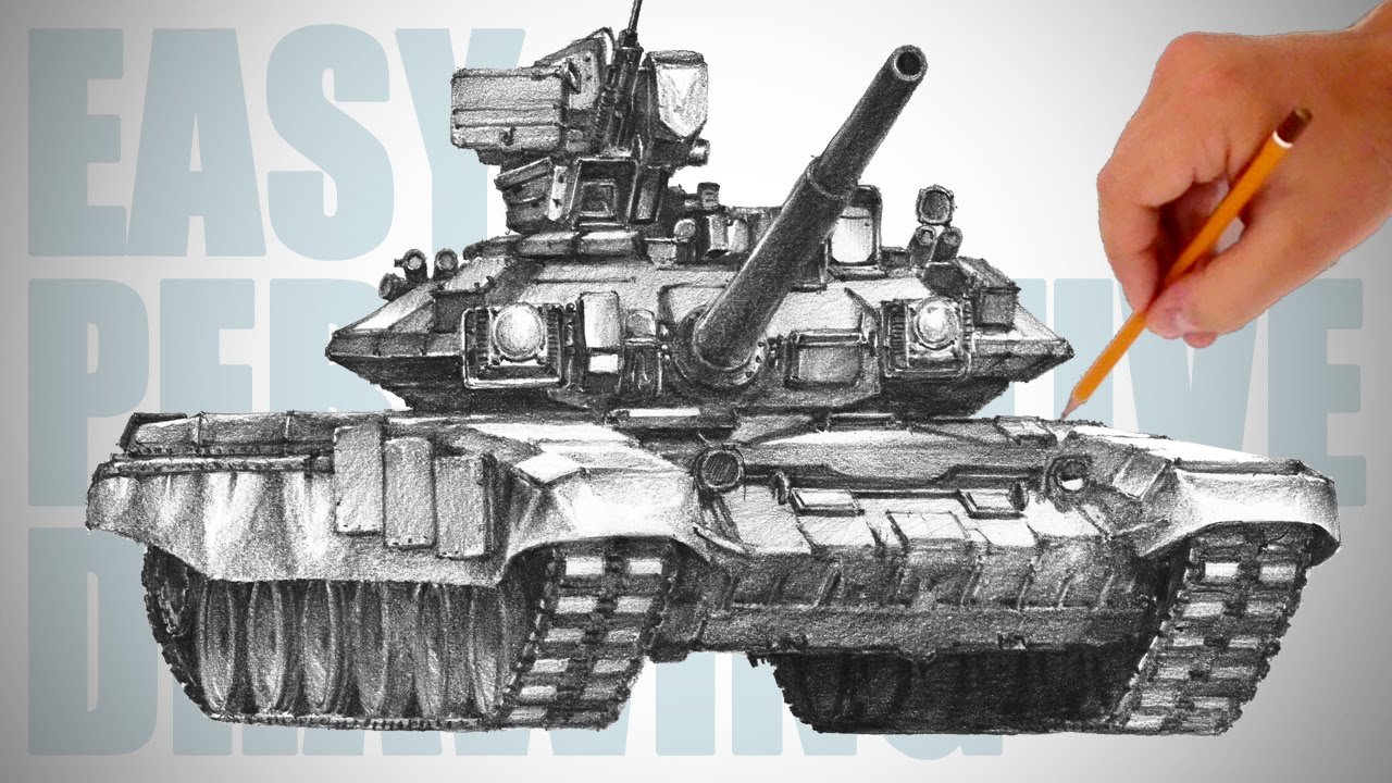 How to draw a tank (T-90) - Easy Perspective Drawing 24
