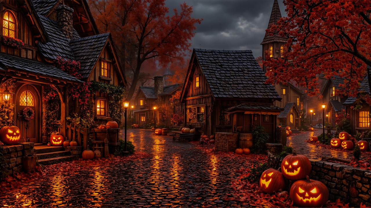 Rainy Autumn Night in an Old Spooky Pumpkin Village | Cozy Halloween Ambience | Dark Academia Music