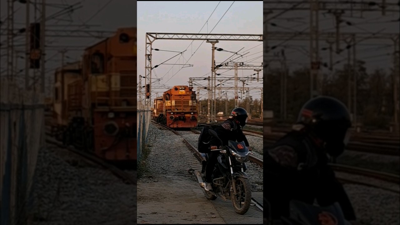 Fight between WDG Engine & Super Biker😱 #biker #railway #railgate #viral #dieselengine #shorts