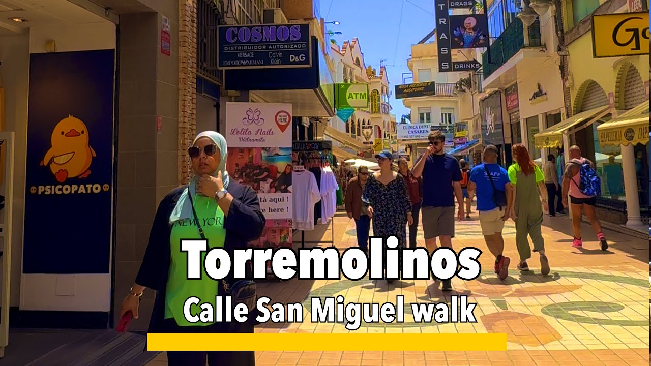 Torremolinos 🇪🇸 walking video on Calle San Miguel  down to the promenade. its the 26th April 2024