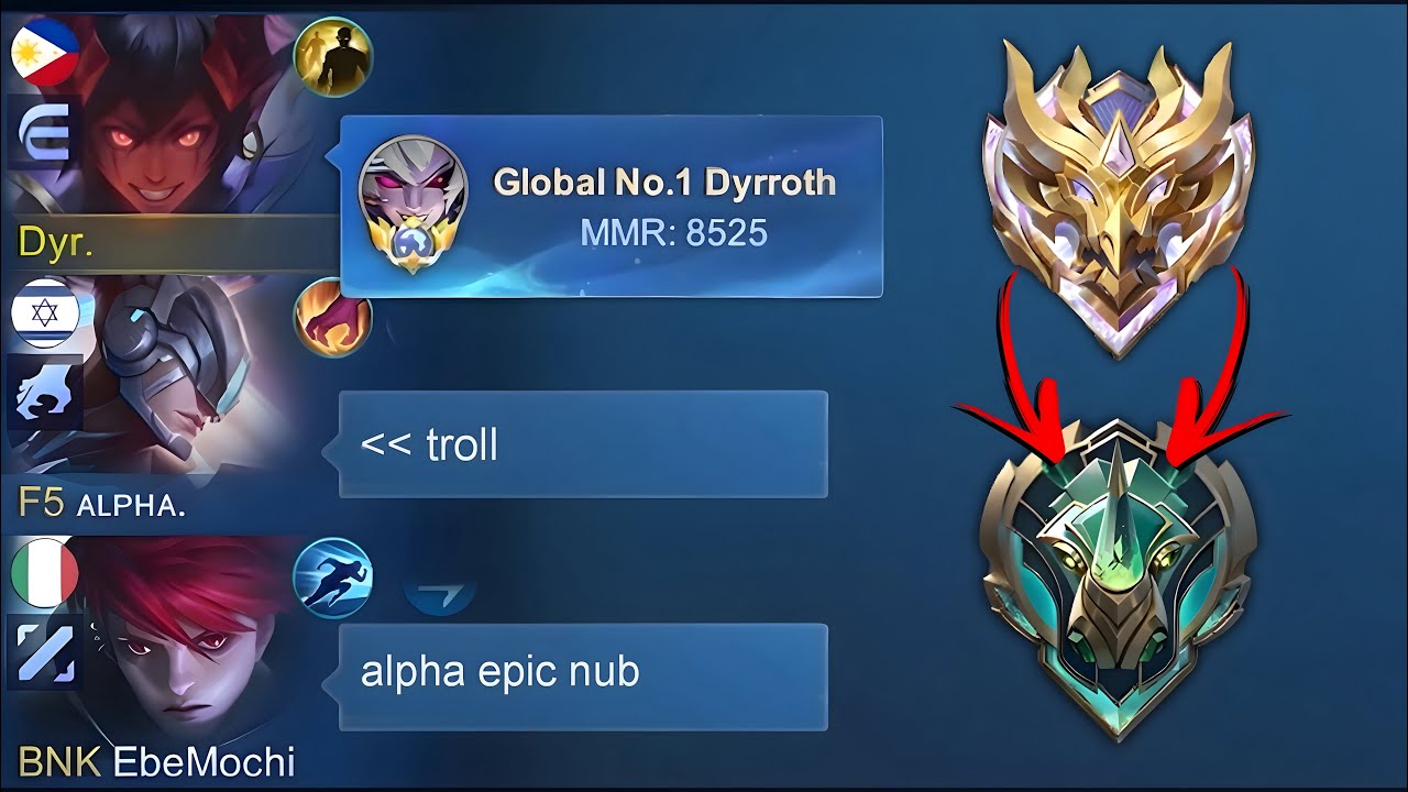 MY FIRST DYRROTH MATCH ON EPIC RANK!!😭(team troll me hard)