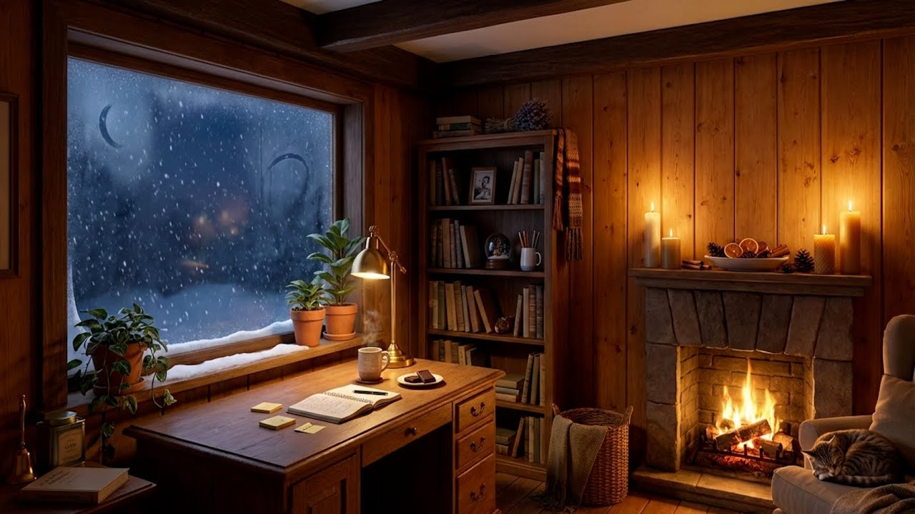 Cozy Winter Room ❄️ Fireplace & Snow | Piano Jazz for Focus, Study & Work (1 Hour)
