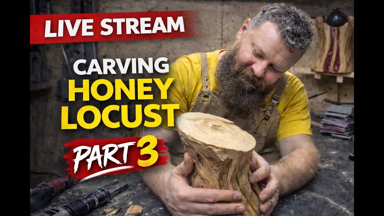 woodworking live, carving honey locust, chill music 🎶 background work