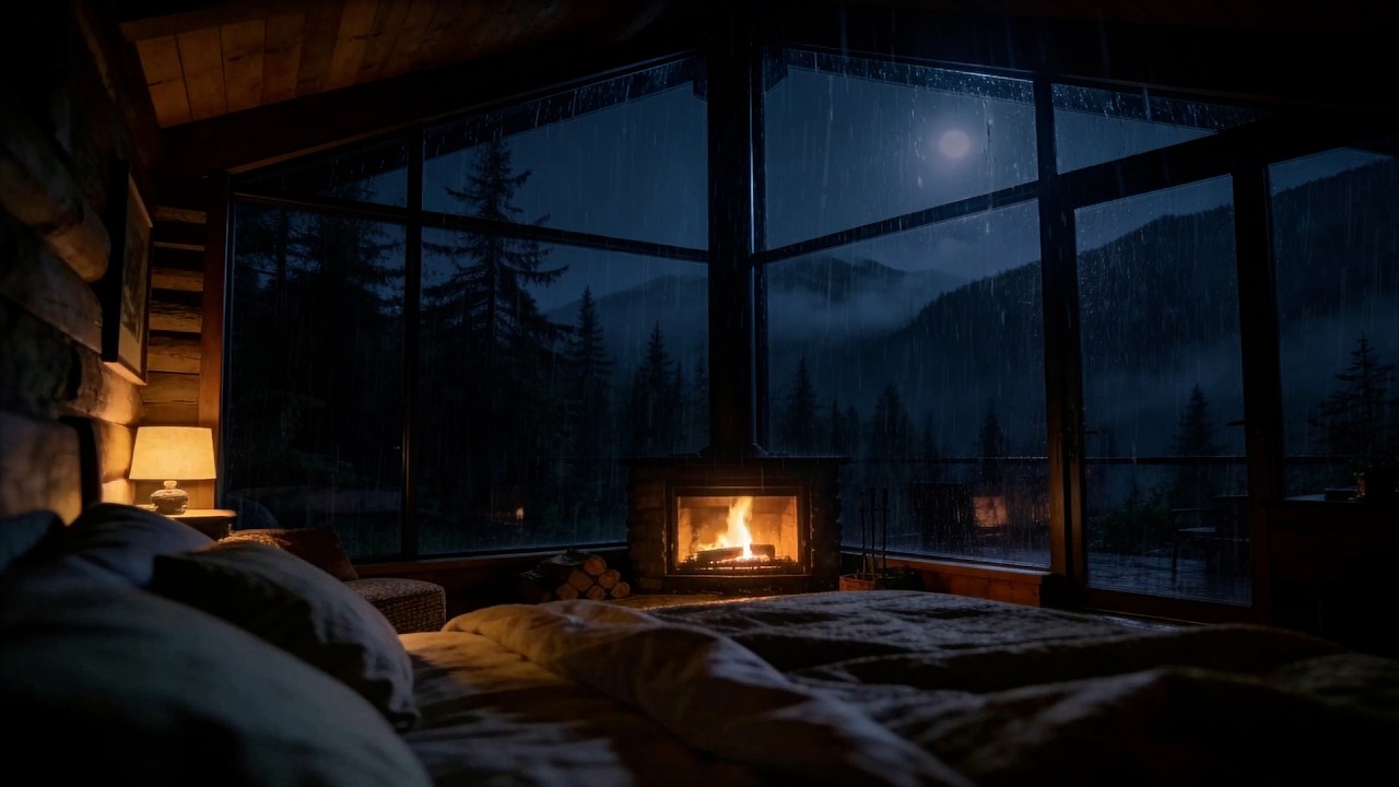 Rainy Mountain Cabin Night 🌧️ Moonlight, Fireplace & Rain on Window for Deep Sleep (No Ads)