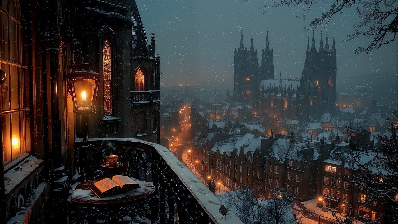 Castle Balcony Nook Overlooking the Quiet Gothic City | Dark Academia Winter Ambience for Reading