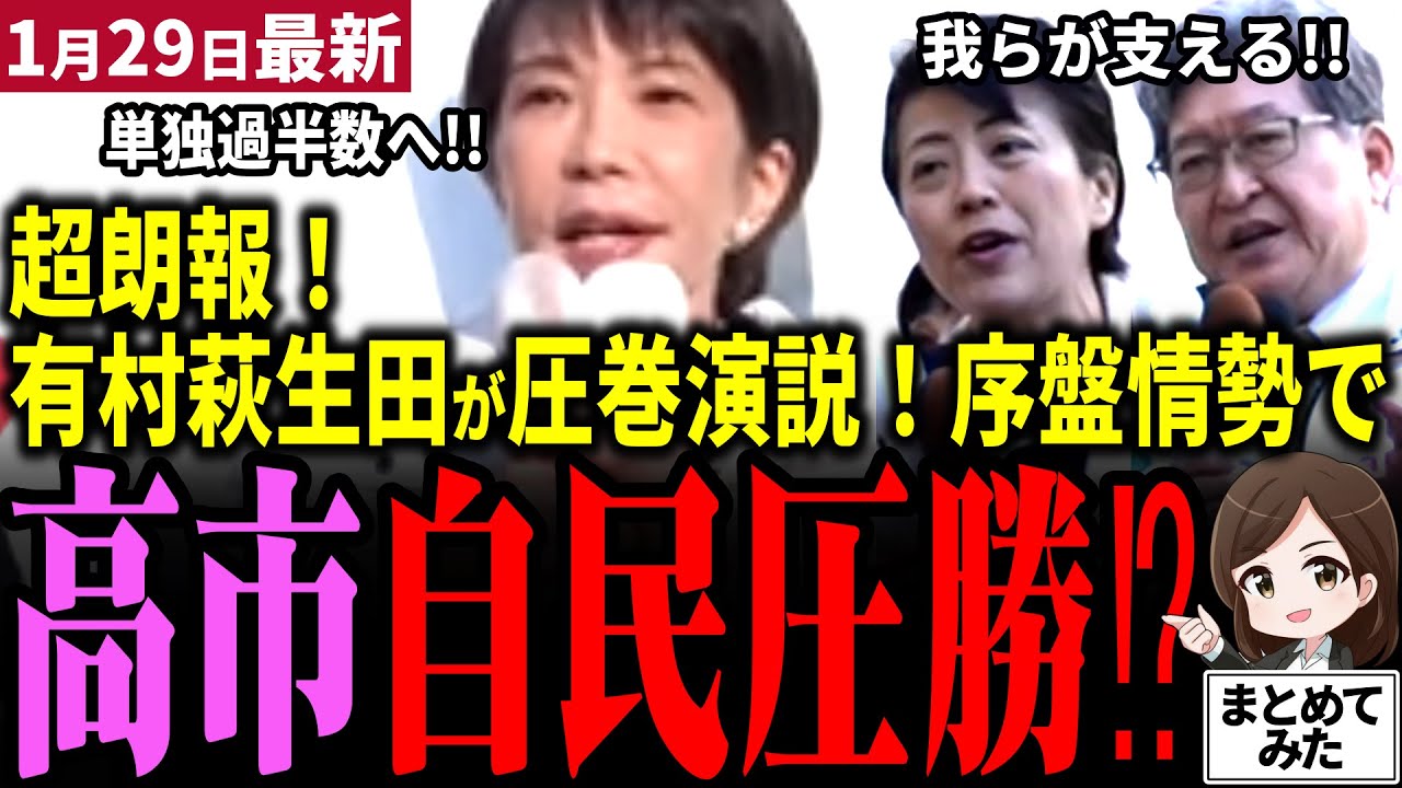 【高市衆院選最新】騒然！高市自民党が単独過半数うかがう⁉圧勝へ序盤情勢調査が更新！中道伸び悩みで元立憲大量落選確実か…高市支える有村＆萩生田が圧巻の演説！激戦の東京24区がエグイ！【勝手に論評】