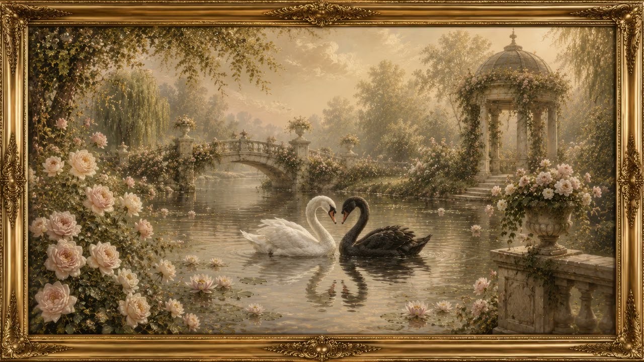 Romantic Swan Garden Framed TV Art 4K | Vintage European Painting Screensaver