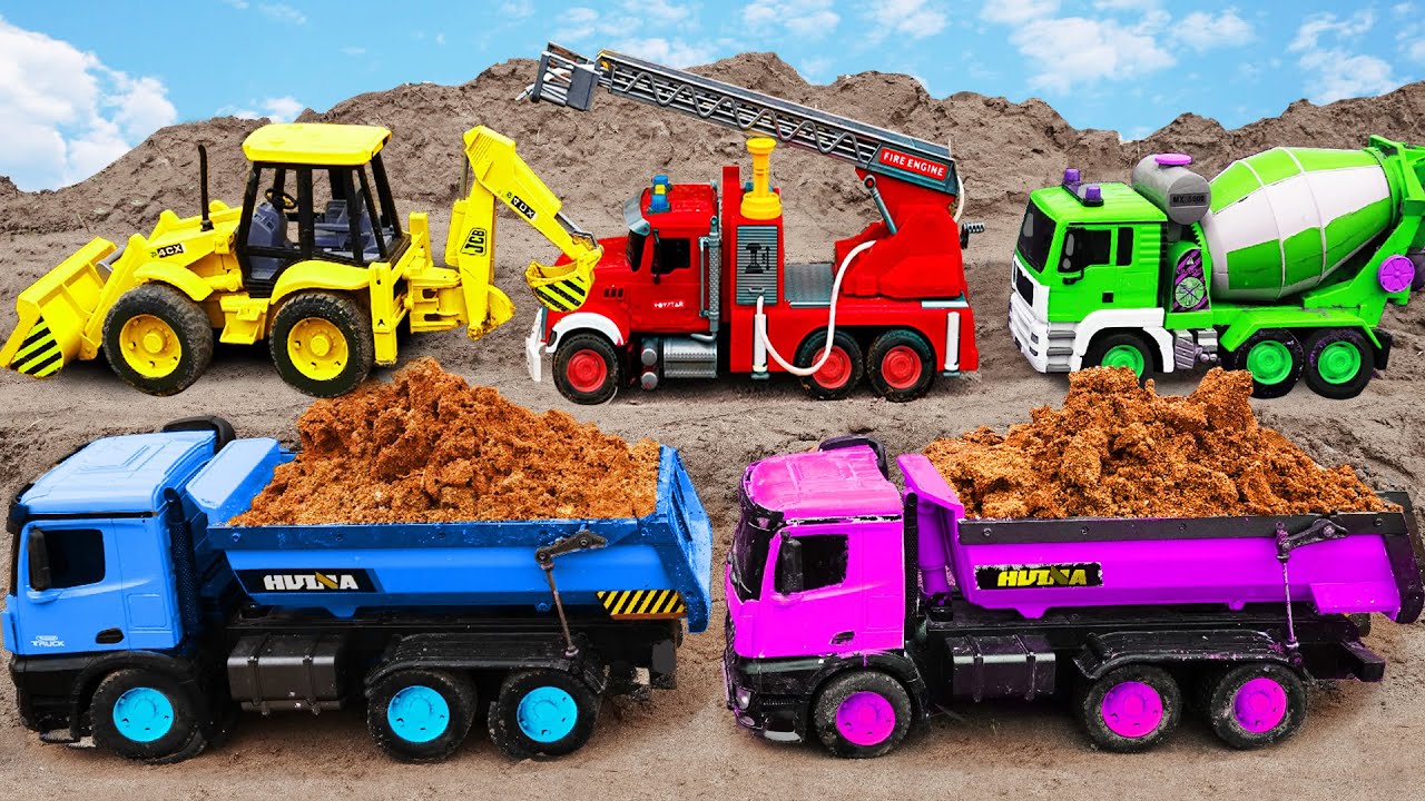 Cranes, bulldozers, excavators, fire trucks, rescue and wash concrete mixers - children's toys