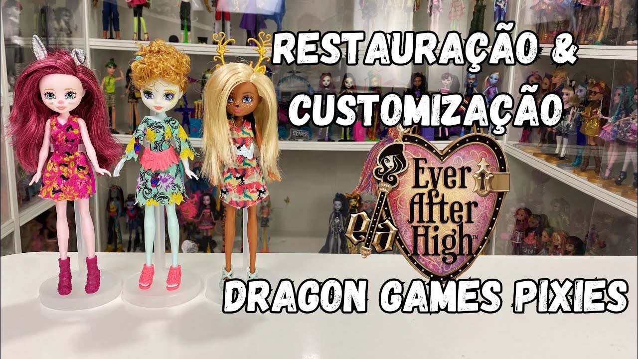 Restauração e customização bonecas Pixies Ever After High Dragon Games Harelow Featherly Deerla