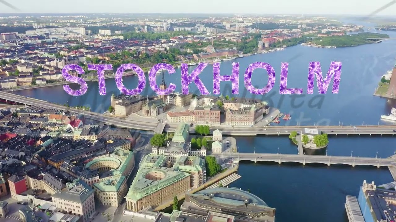 Inscription on video. Stockholm, Sweden. Old Town - Gamla Stan. Riddarholmen. Helgeandsholmen. Aeria