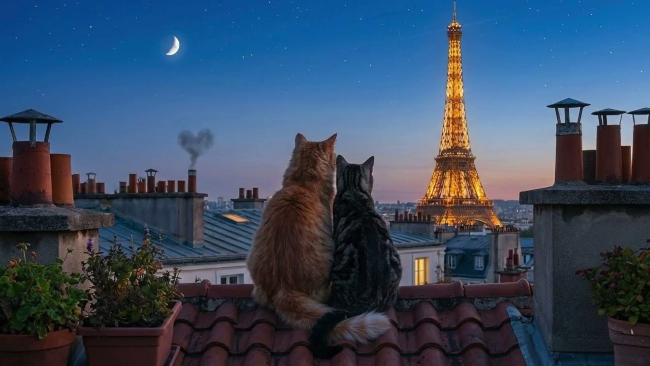 3 Hours Romantic Piano Music 🐱💕 | Two Cats, Paris Rooftop & Eiffel Tower View