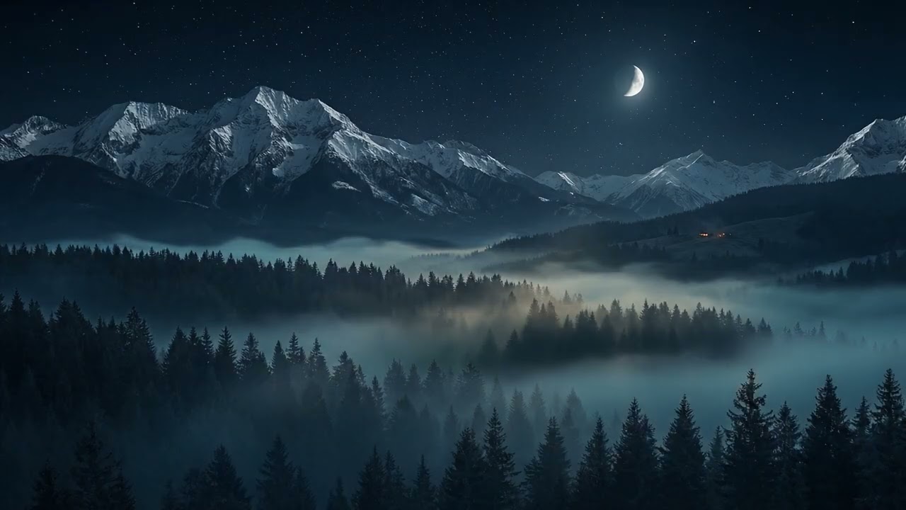 Midnight Mountain Forest | Calm Night Ambience with Fog & Stars | Deep Sleep, Relax & Focus