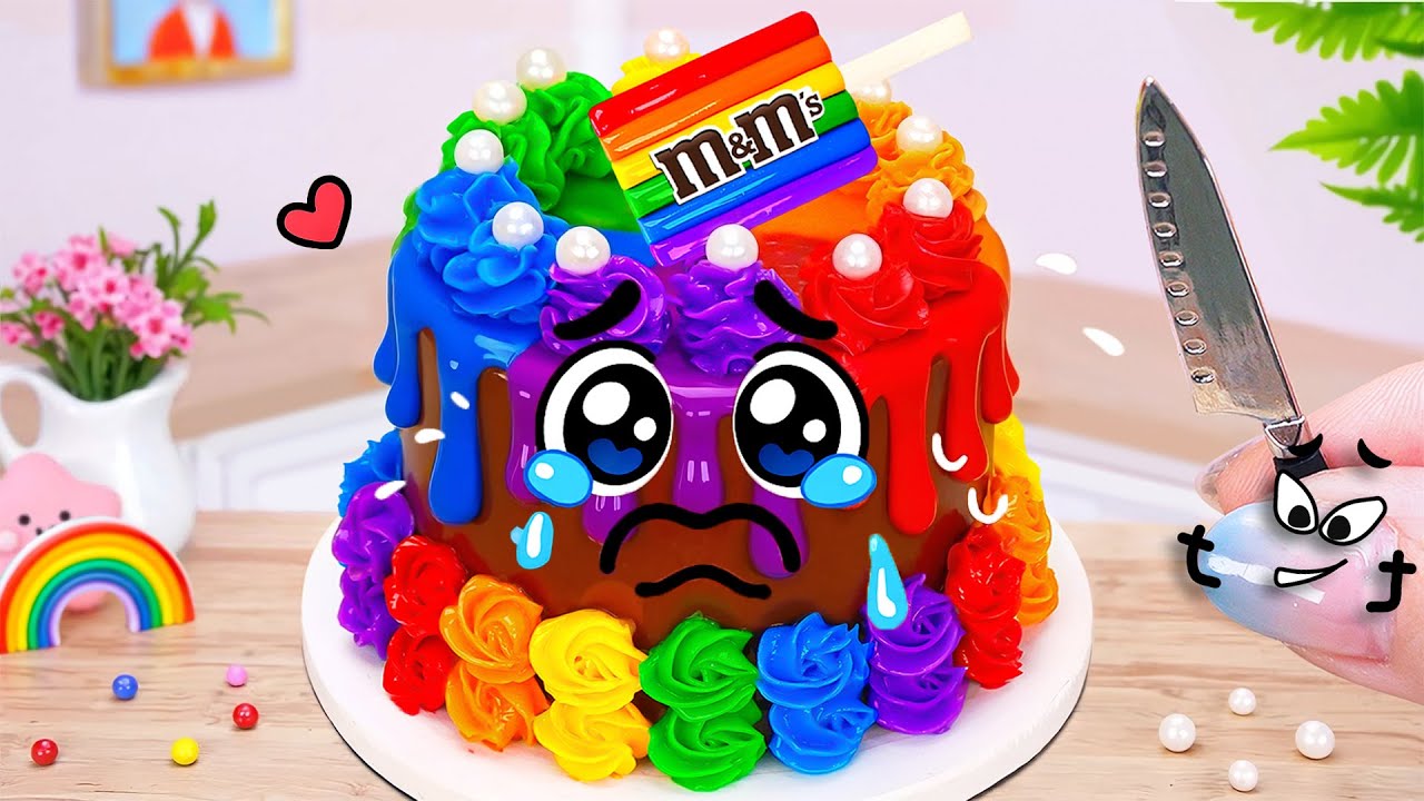 🎂 Cute Rainbow M&M Cake with Rainbow Fondant Ice Cream 🌈Mini Chocolate Cake ASMR | Cute Doodle Style