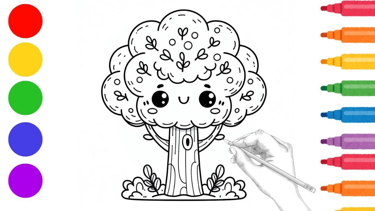 🎨 How to draw a cute tree | drawing, painting and coloring for Kids Art Tutorial! ☀️🐶☁️