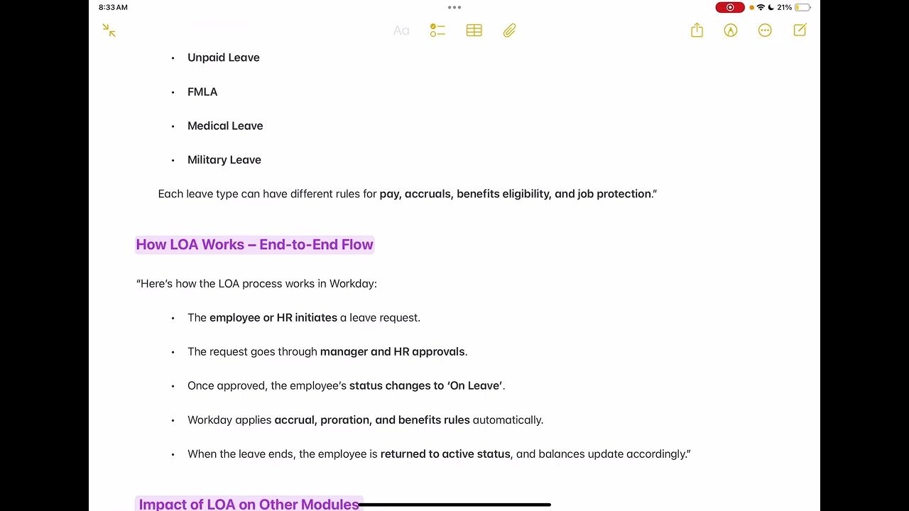 WorkDay - # 88 Anusha Journal Leave of Absence (LOA) in Workday #workday#study