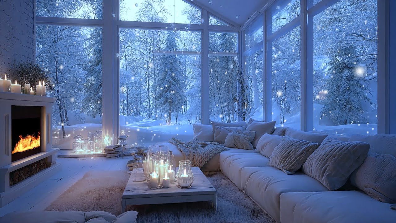 Romantic Winter Room ❄️ Fireplace, Candlelight & Snowfall for Relaxation