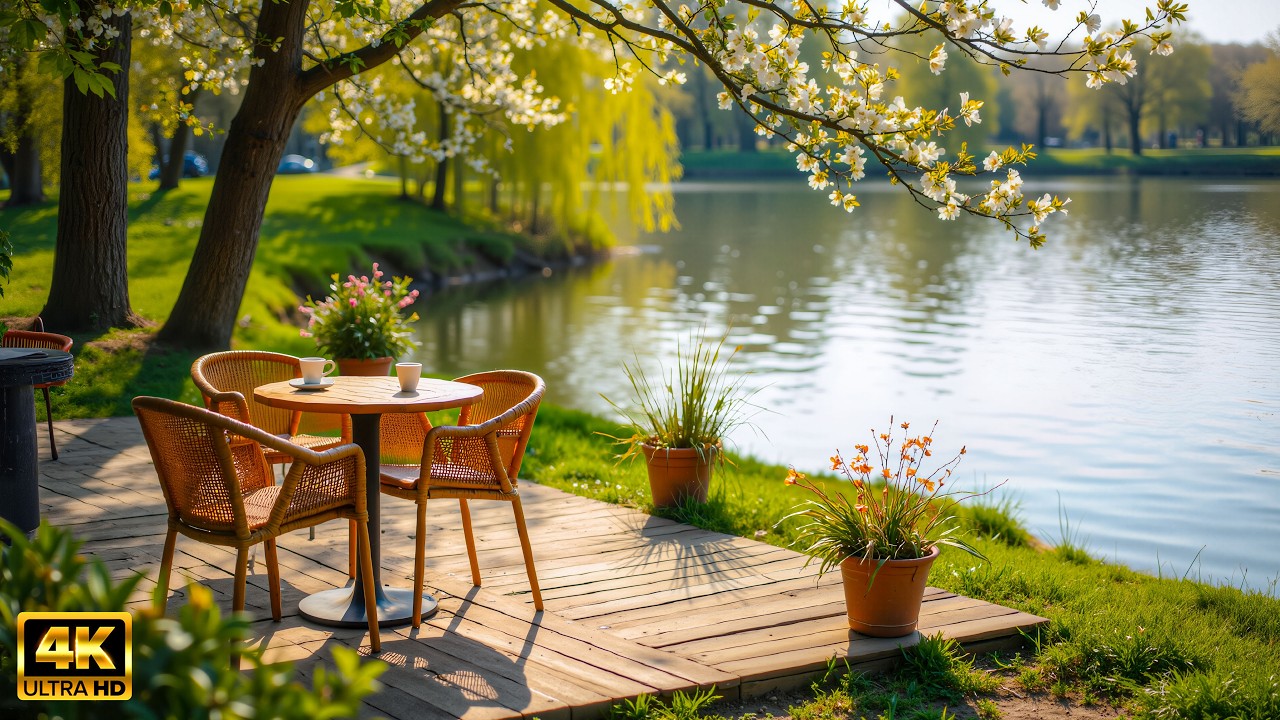 Атмосфера кафе у озера 🌼 Нежная фортепианная музыка и звуки воды