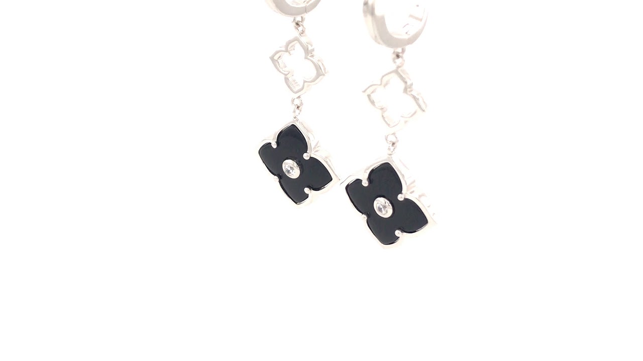 Lavari - Black Onyx Dangling Flora Leverback Earrings with Rhodium Plating - Sterling Silver