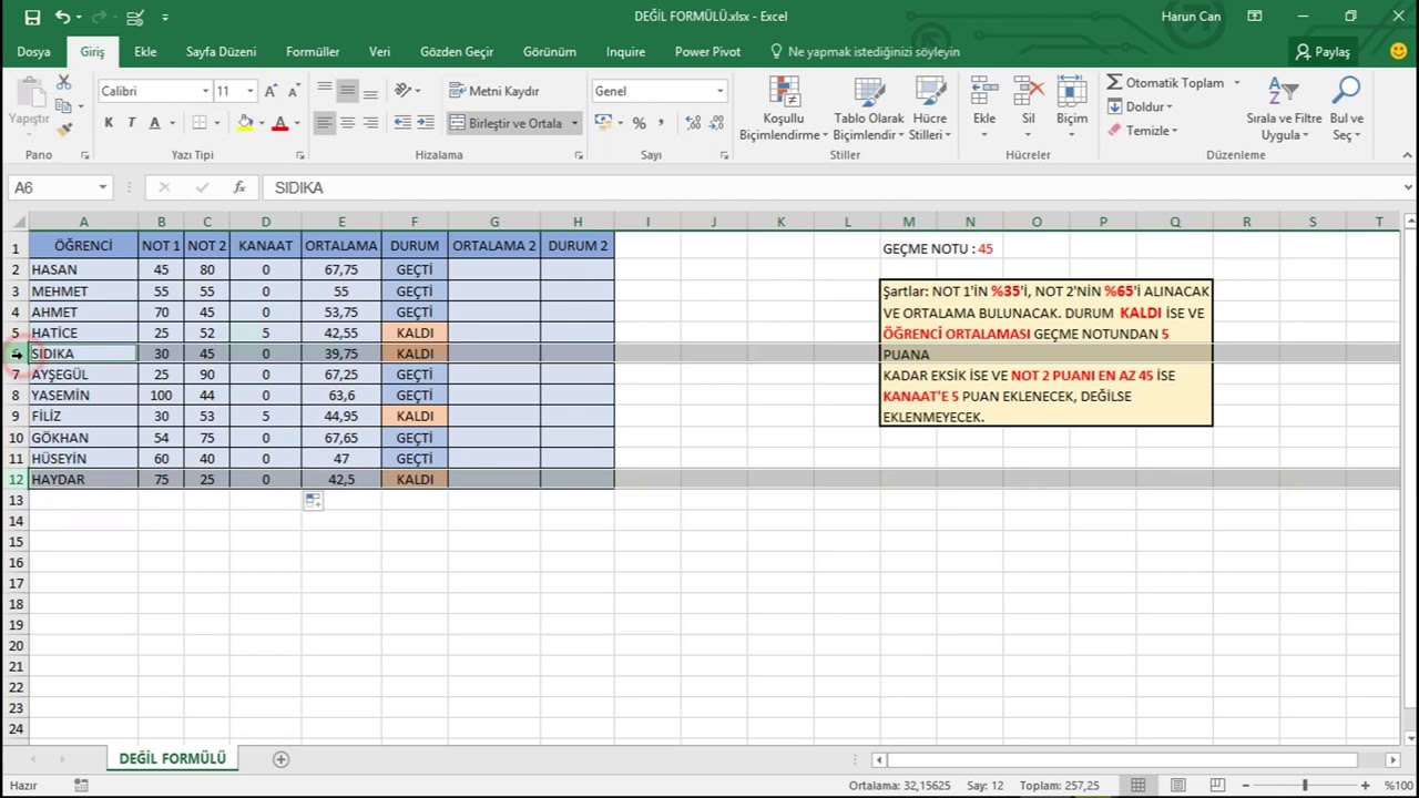 27Excel 2016'da Değil Formülü Kullanımı
