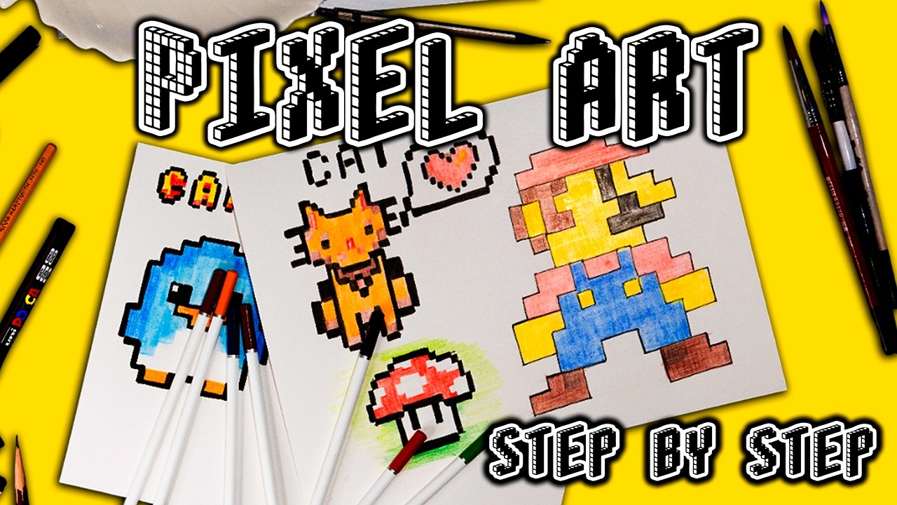 Easy Pixel Art Mario, Cat & Mushroom | Step by Step Drawing on Blank Paper | No Grid | For beginners
