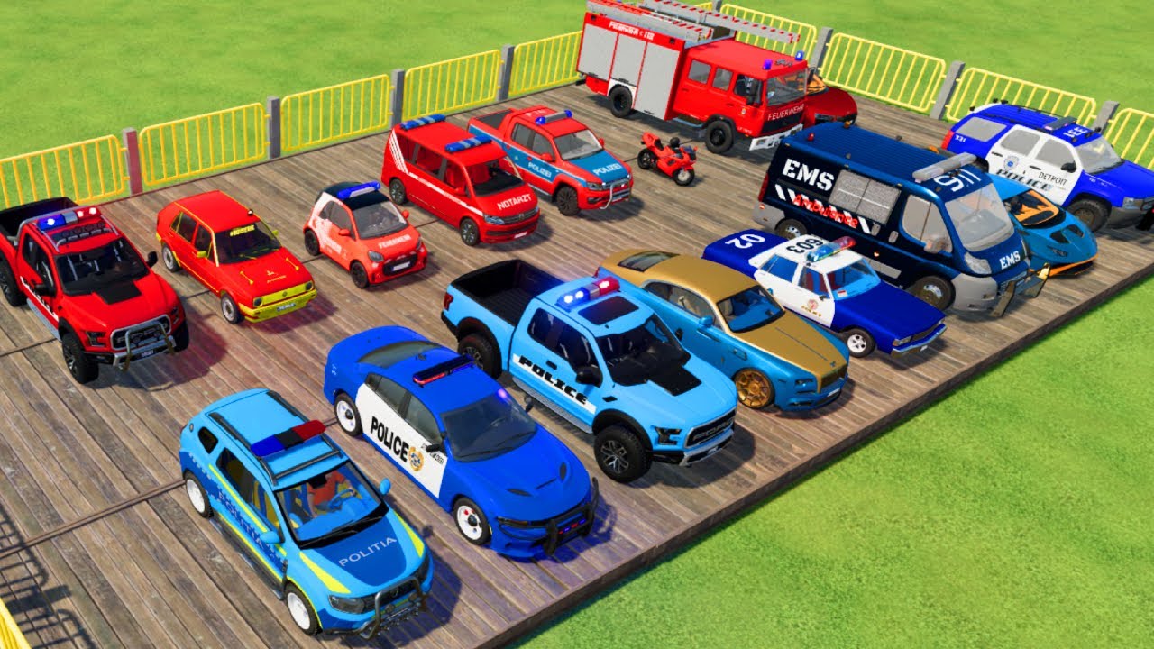 TRANSPORTING CARS, AMBULANCE, POLICE CARS, FIRE TRUCK OF COLORS! WITH TRUCKS! - FS 22