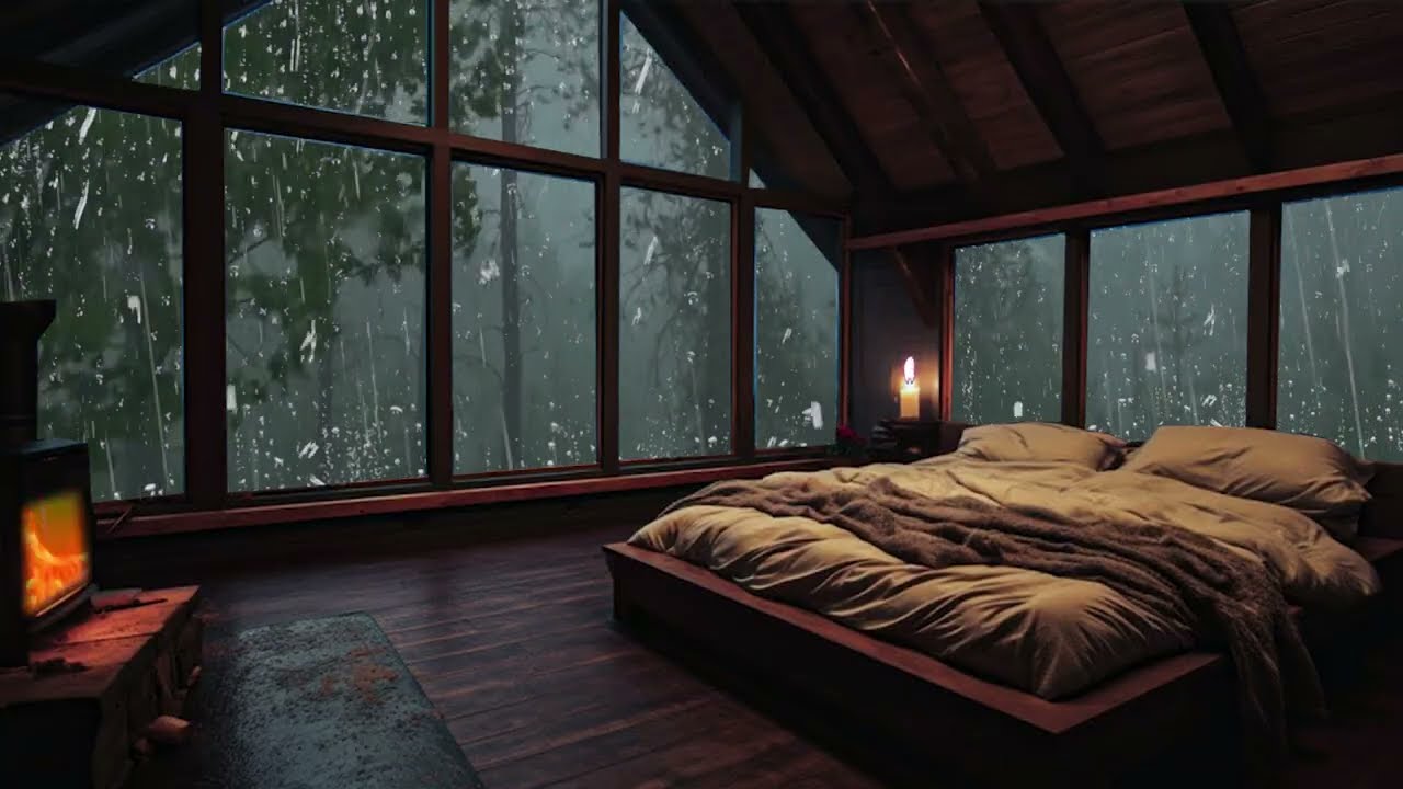 Rainstorm in Cozy Bedroom | Brown Noise Sleep with Fireplace