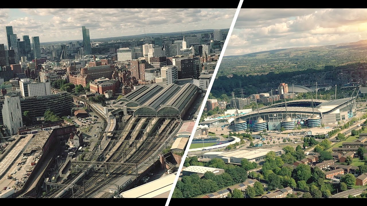 Manchester Cinematic Drone Footage EAST Piccadilly Train Station and Etihad Stadium Drone 4k