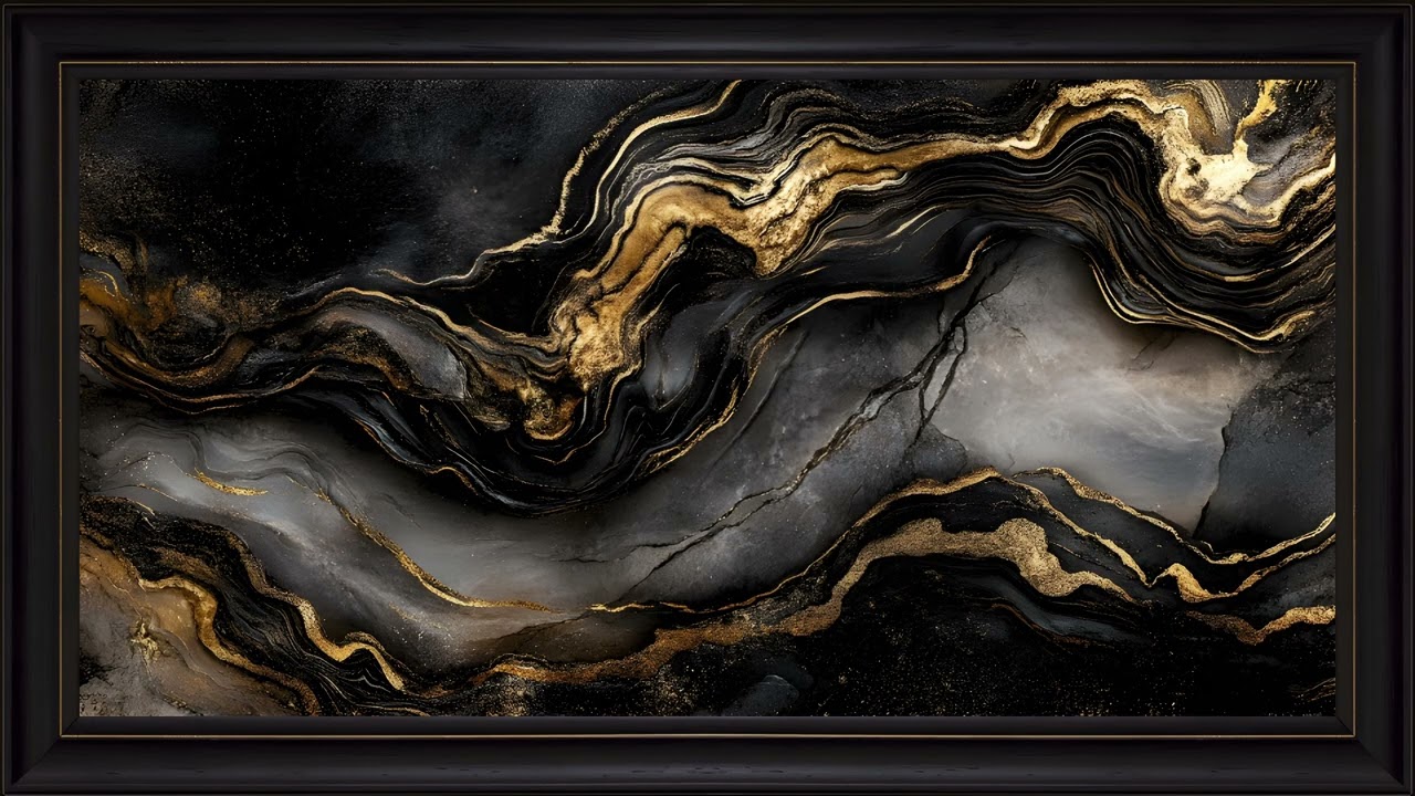 Black and Gold Marble Fluid Metallic Abstract: 4K Framed TV Art Screensaver