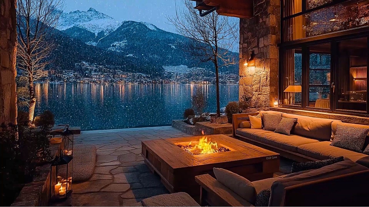 Midnight Jazz by the Frozen Lake 🔥 Snowfall & Crackling Fire