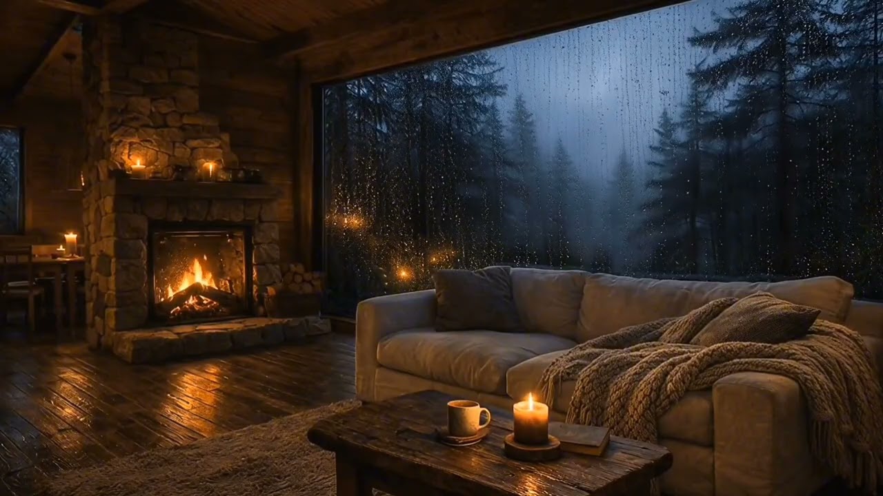 Cozy Fireplace & Rain Sounds in Forest Cabin 🔥🌧️ 2 Hours Relaxing Night Ambience (4K)